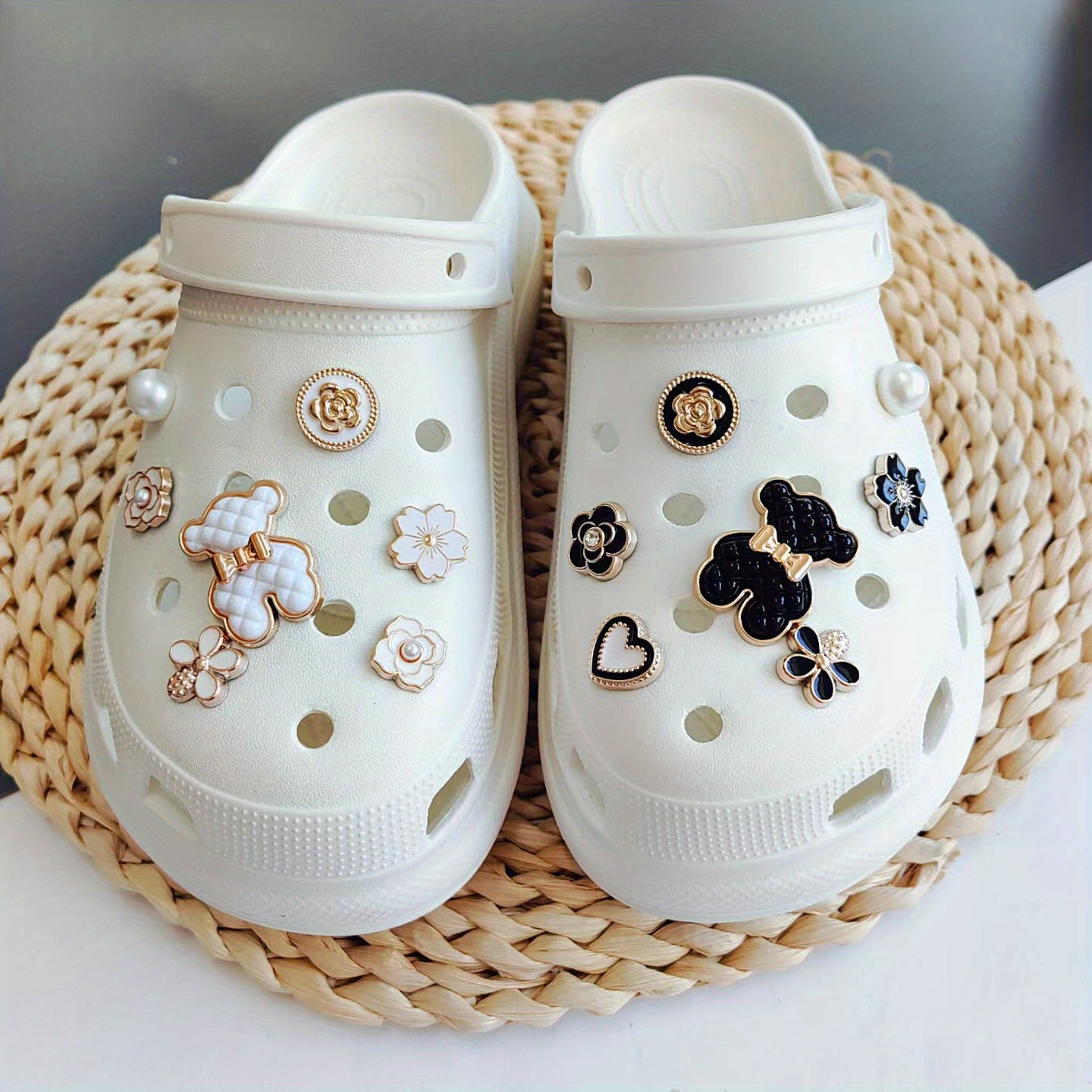 8 12 14 16 18pcs Cute Charms For Shoes Black White Bears Small Flowers  Pearls Perfect For Gifts Party Decorations More - Women's Shoes - Temu  Bahrain