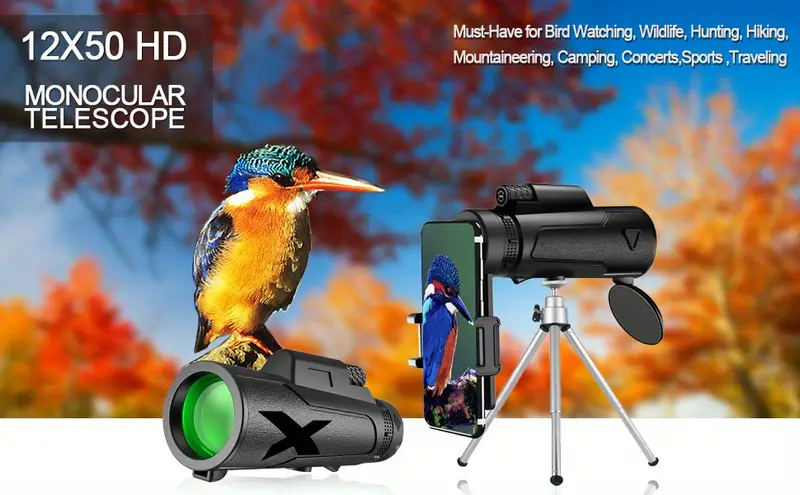 12x50 monocular telescope with smartphone holder with waterproof fog proof shockproof scope bak 4 prism fmc for bird watching hunting camping traveling wildlife observing details 1