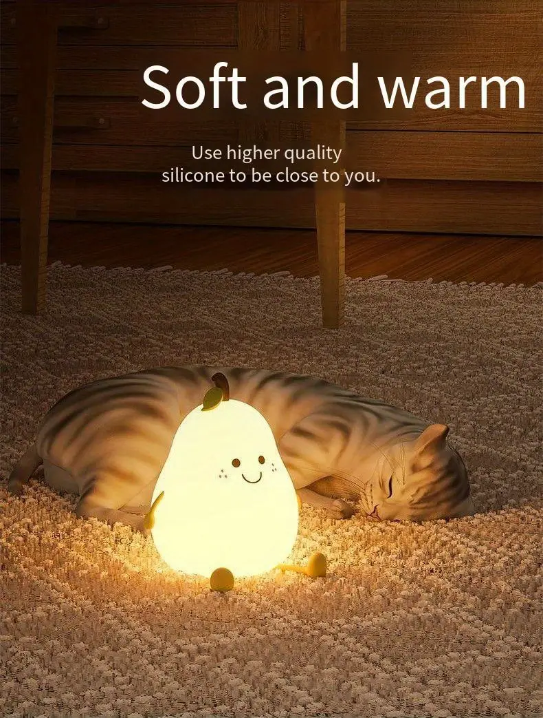 1pc cute silicone pear shape night light warm light and 7 color modes pat light with timer dimmable usb rechargeable details 3