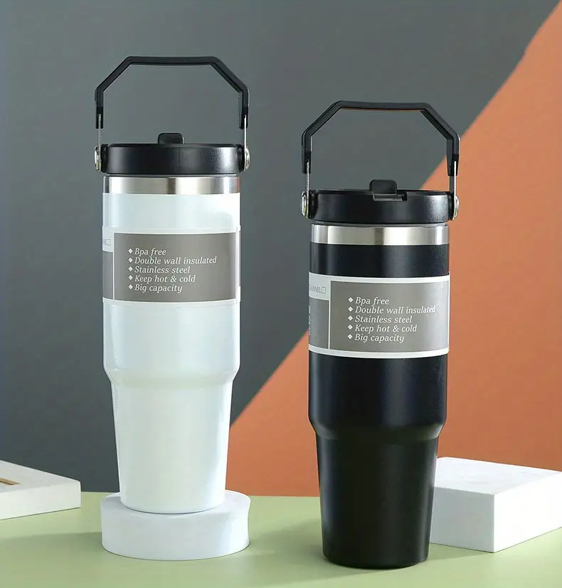 1pc 890ml 30oz double layer stainless steel vacuum water bottle with handle portable insulated mug for home outdoor camping and travel drinks hot or cold for hours details 1