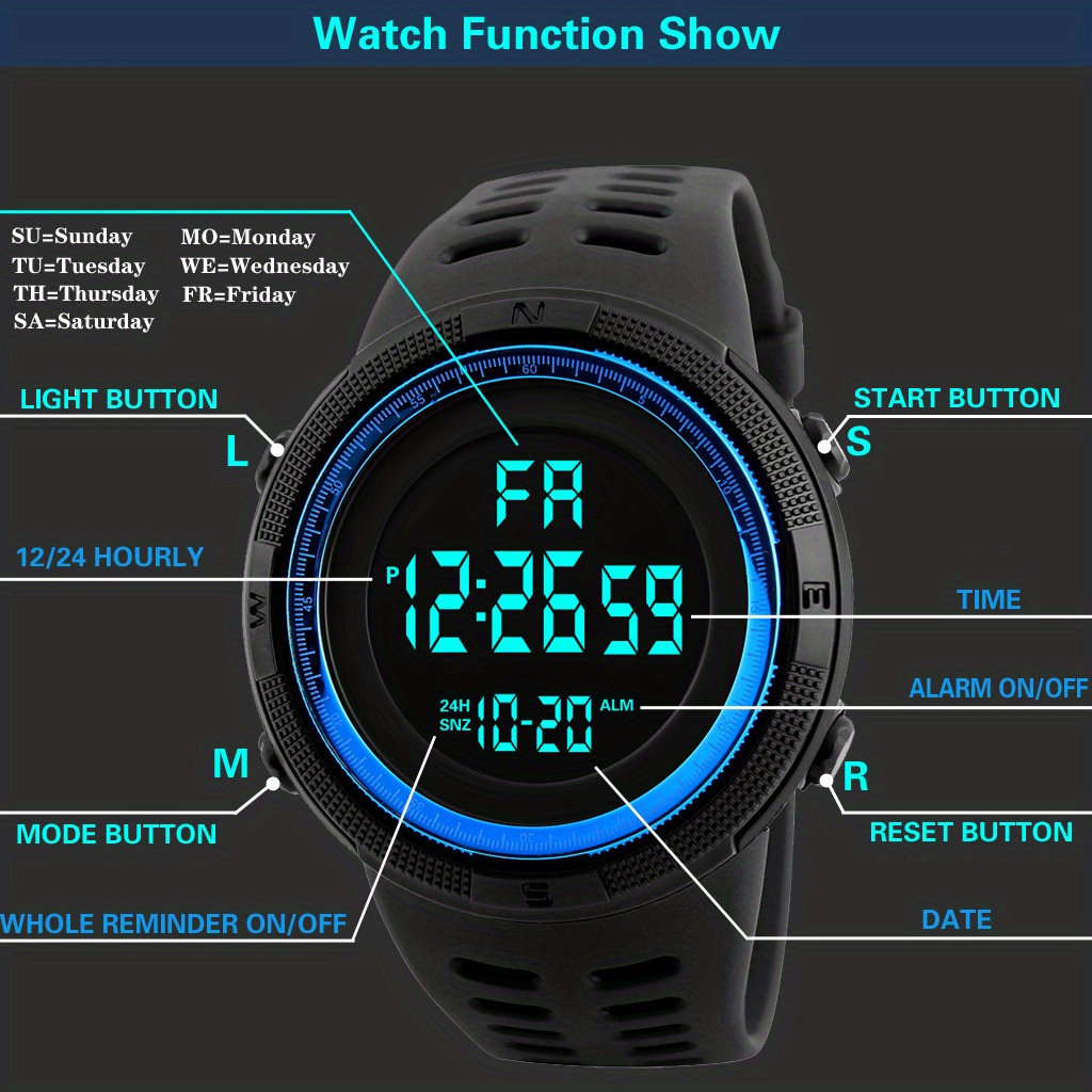 new watch mens large dial student sports electronic watch waterproof luminous alarm round electronic watch ideal choice for gifts details 2