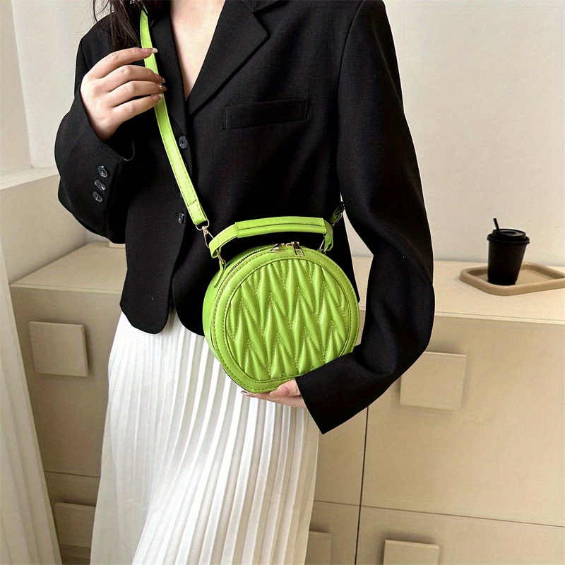 Mini Quilted Round Crossbody Bag, Pu Leather Textured Handbag