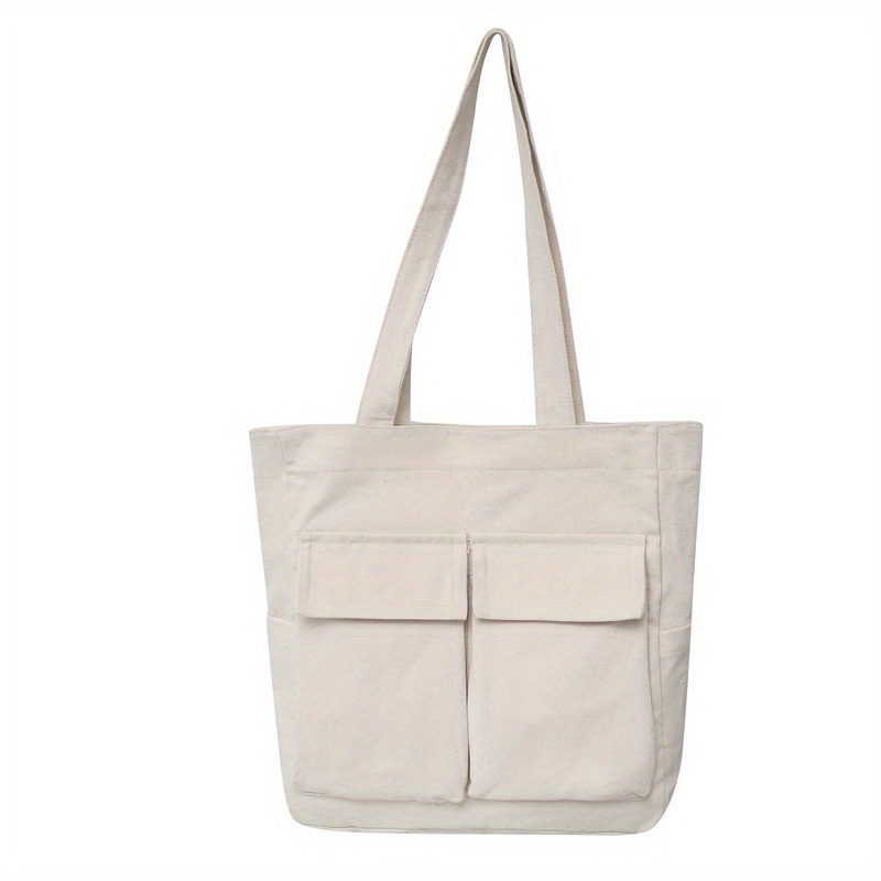 White Canvas Shoulder Tote, Cotton Purse, Multi Pockets Bag