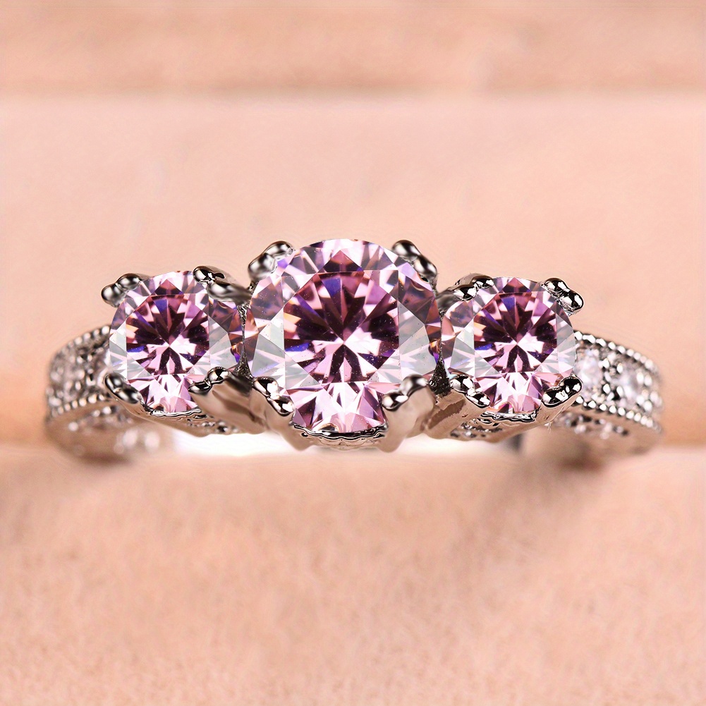 Silvery Three Stone Zirconia Engagement Wedding Band Ring