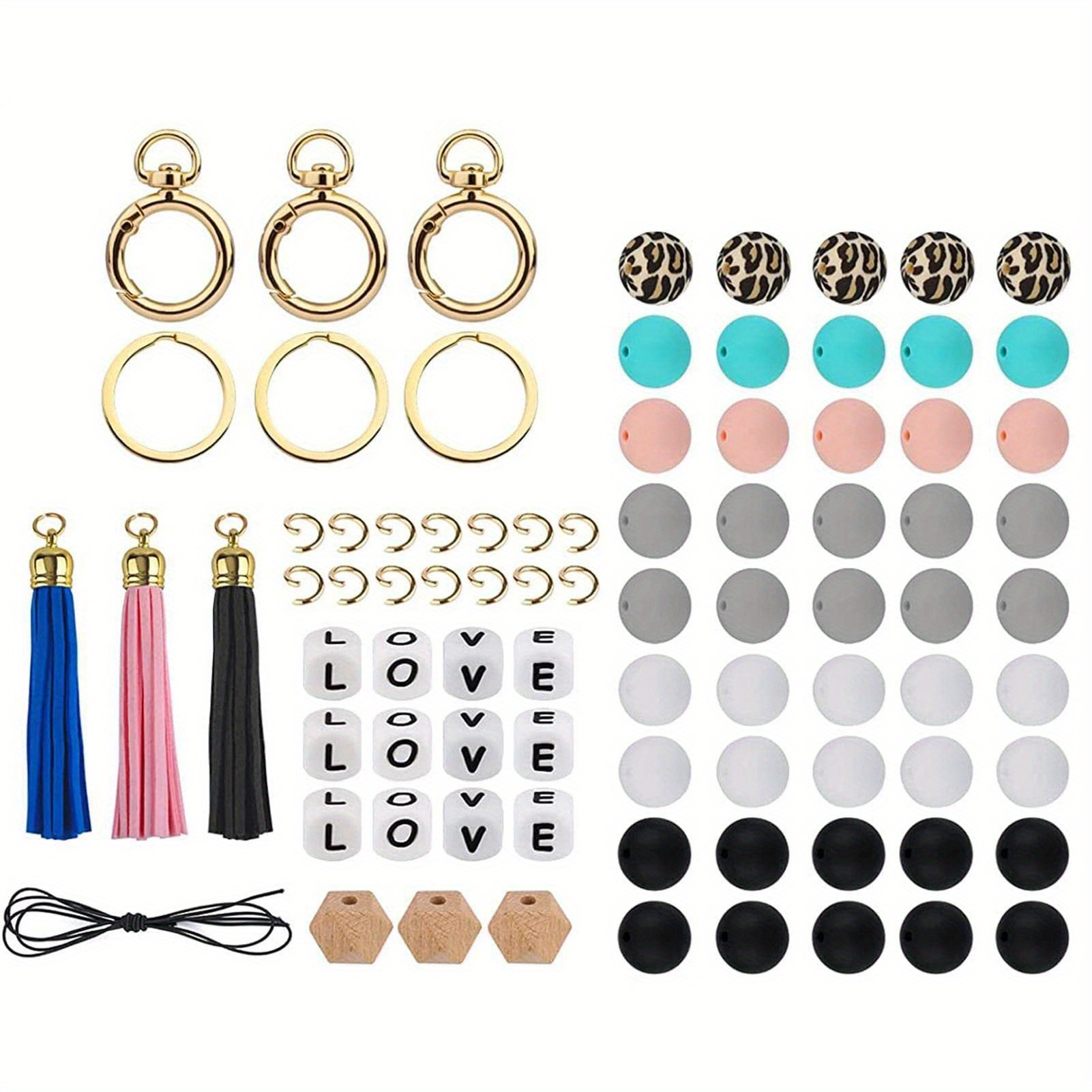 SHUANGART 84 Pcs Silicone Beads Making kit for Bracelet Car Keychain, Round  Polygonal Elastic Key Ring Beaded Tassel Wrislet DIY Set for Women Girls…