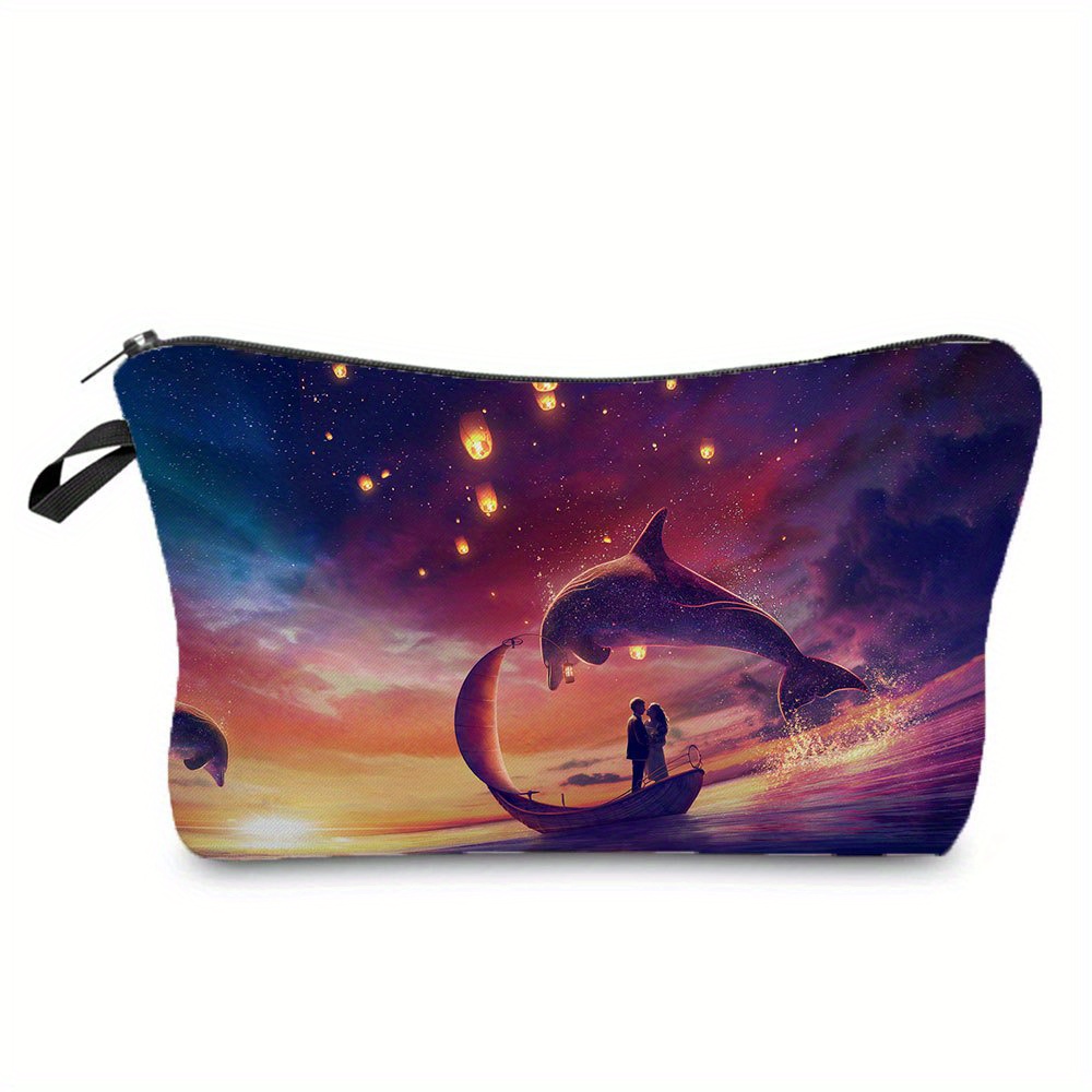 Dolphin Print Cosmetic Storage Bag, Portable Canvas Pouch