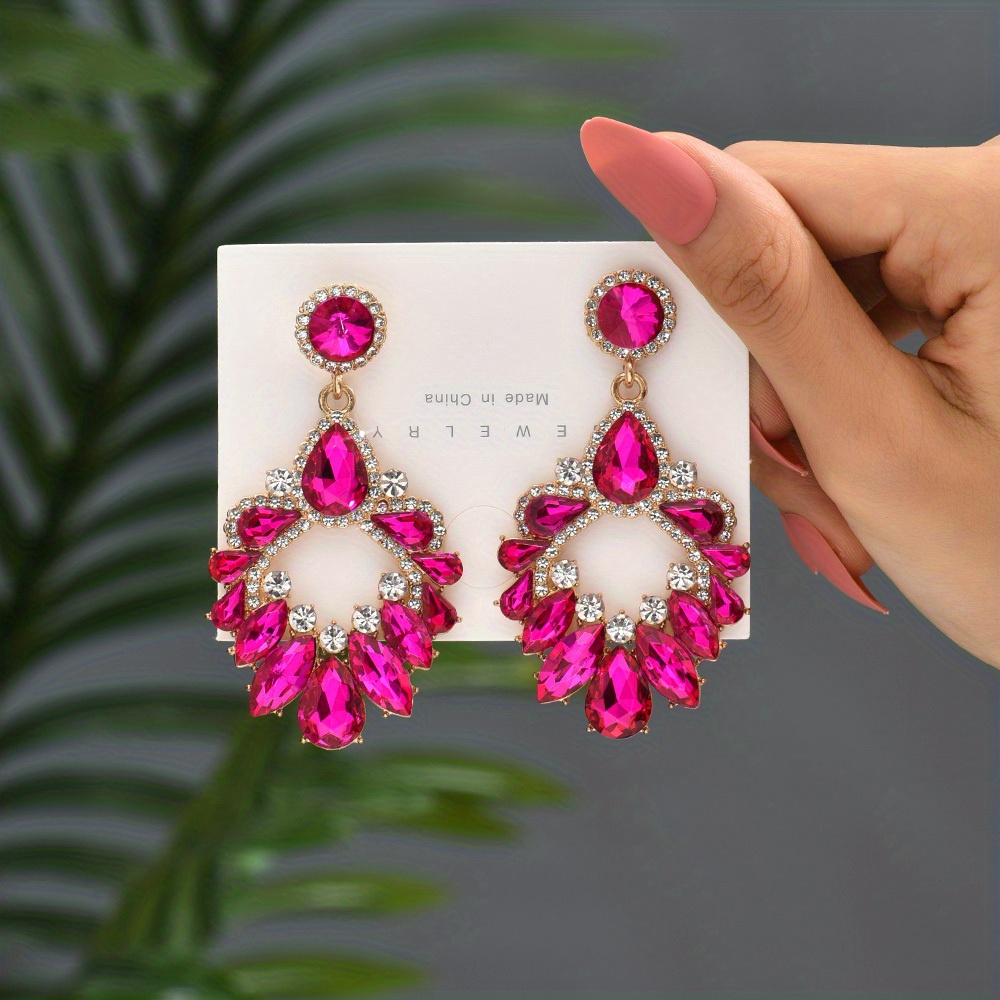 Image of [random Color Placement] Women's Luxury Geometric Alloy Pendant High Quality Wedding Jewelry Gift Colorful Glass Earrings 2023