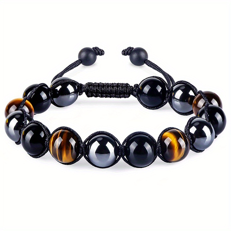Triple Protection Bracelet for Men Women, Genuine Premium Tiger Eye Black Onyx and Lava Rock 8mm Handmade Bead Bracelet Healing Crystal Protection
