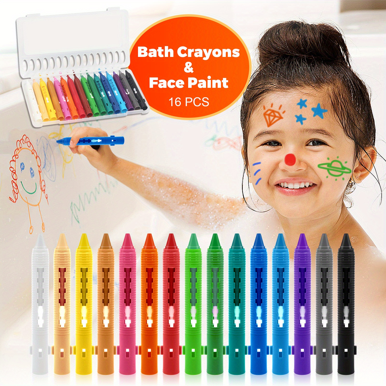 Peachy Keen Crafts Bath Crayons for Kids: Non-Toxic Crayons with Storage  Basket, Eraser Sponge, Adheres to Shower Wall - Bathtub Crayons to Draw and