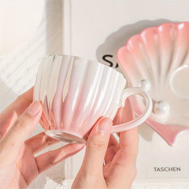 Cute Mermaid Style Pearl Shell Ceramic Tea Cup with Plate - Peachymart