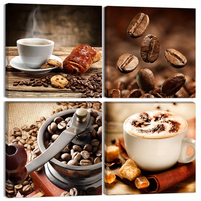 4pcs Coffee Bean Kitchen Canvas Wall Art Coffee Cup Canvas Prints