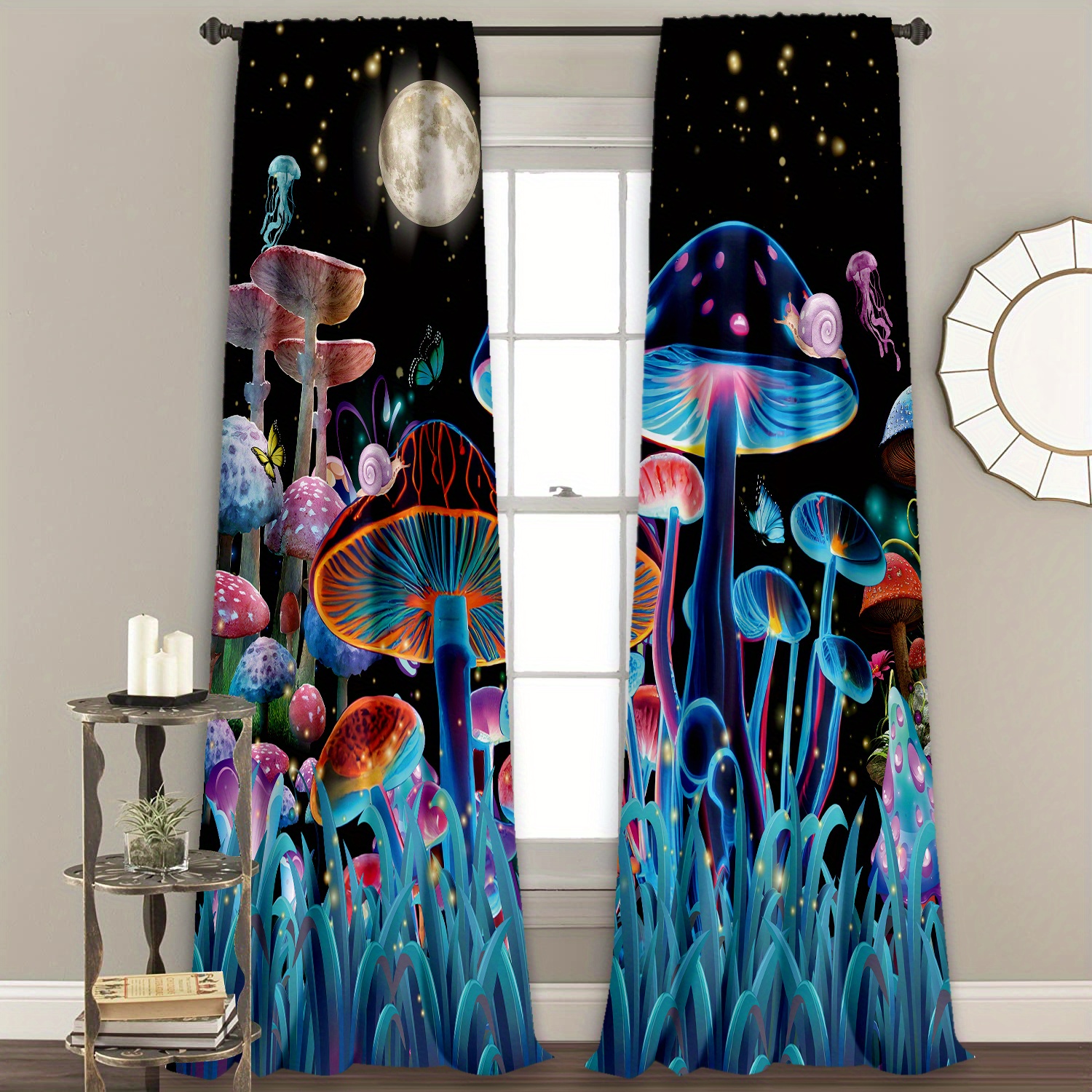 Mushroom Printing Curtain Rod Pocket Curtain Suitable For - Temu