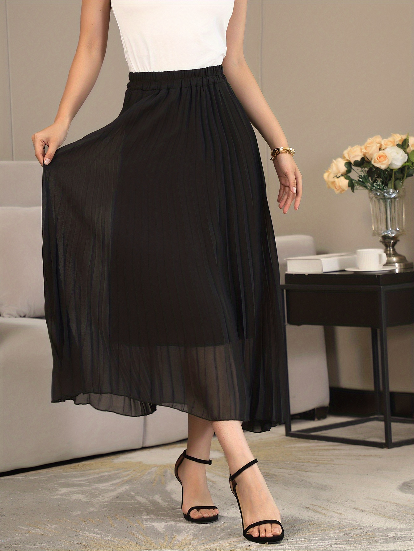 Pleated High Waist Skirts, Elegant Solid Party Maxi Skirts, Women's ...