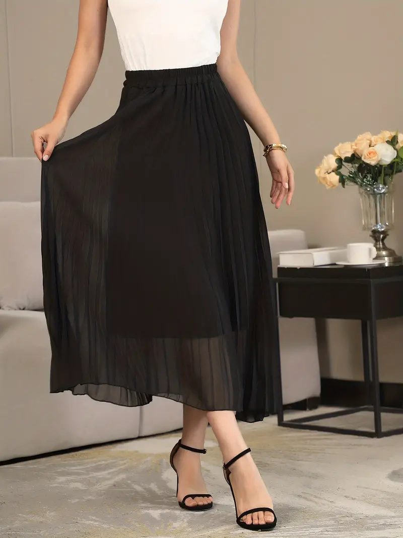 Pleated High Waist Skirts, Elegant Solid Party Maxi Skirts, Women's ...