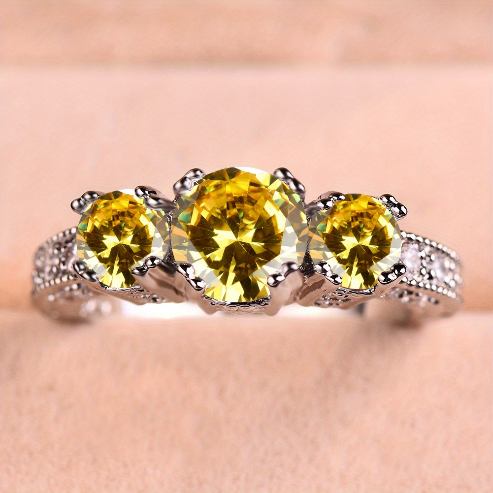 Silvery Three Stone Zirconia Engagement Wedding Band Ring