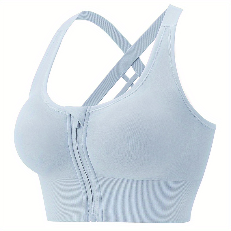 Solid Zipper Front Push Sports Bra Wide Strap High Impact - Temu