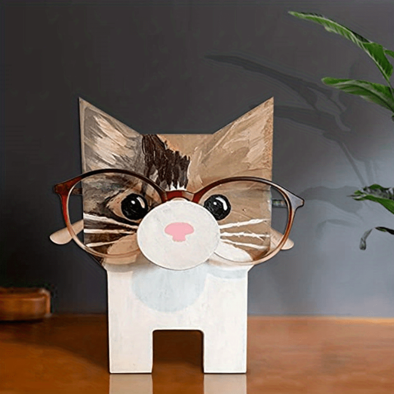 Cat Eyeglasses Stand, Glasses Holder, Wooden Animal Sculpture