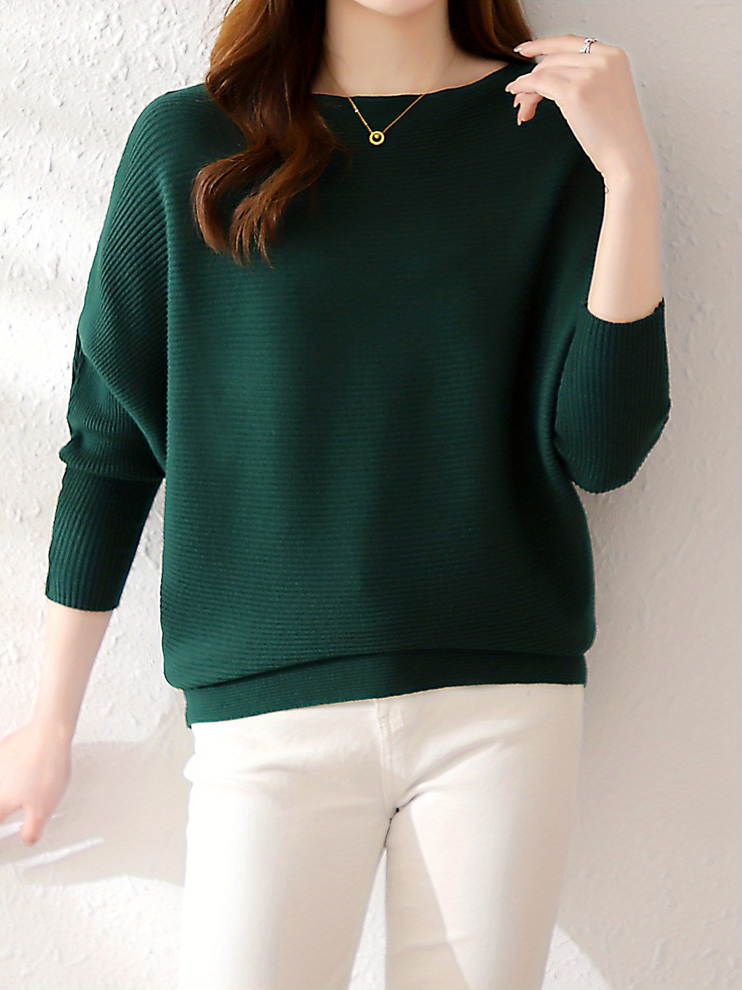 Solid Batwing Sleeve Knit Sweater Casual Boat Neck Sweater - Temu