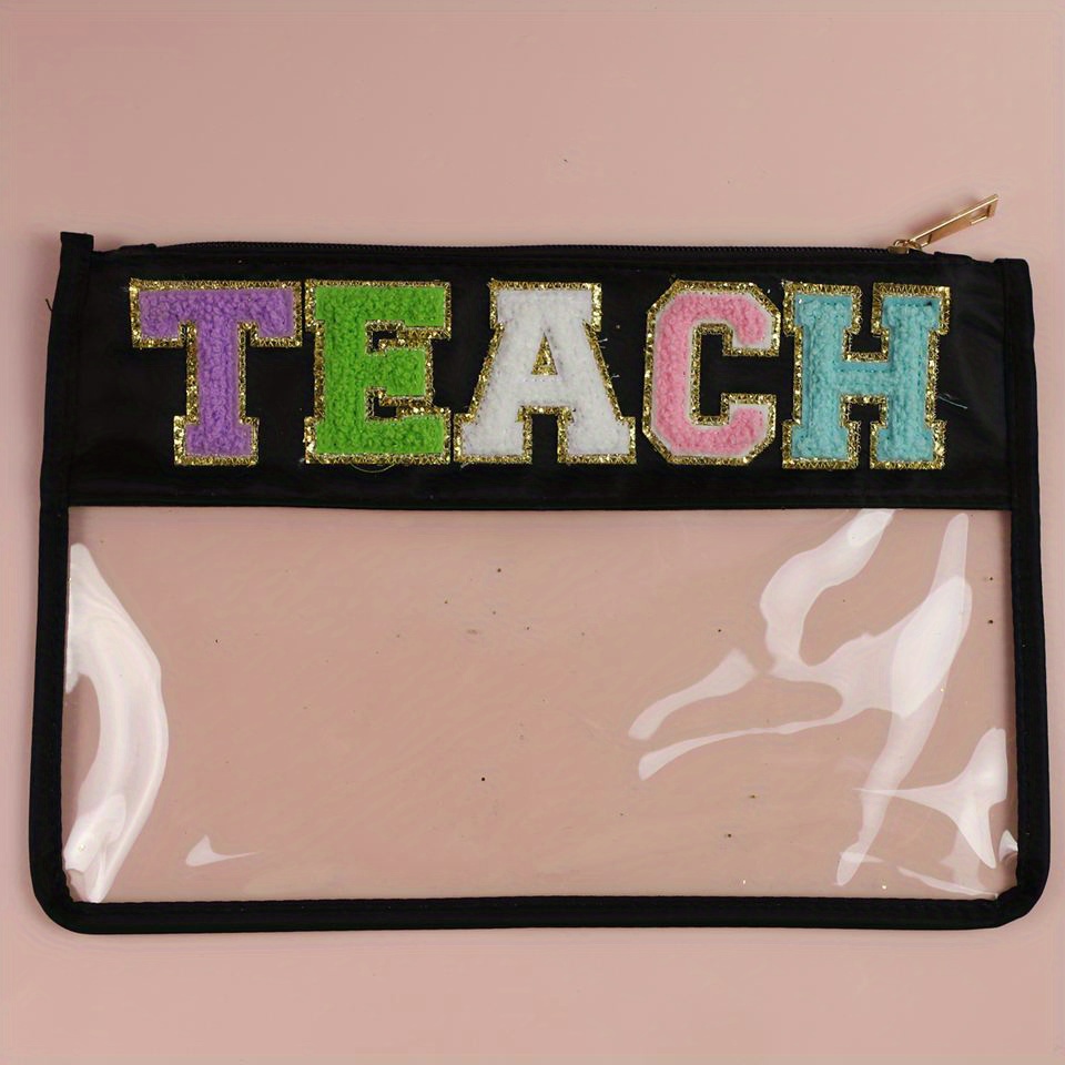 TEMU Personalized Teacher's Day Gift - Transparent Pvc Zipper Cosmetic Pouch With Embroidered Chenille Letter Patch For Pencil Storage