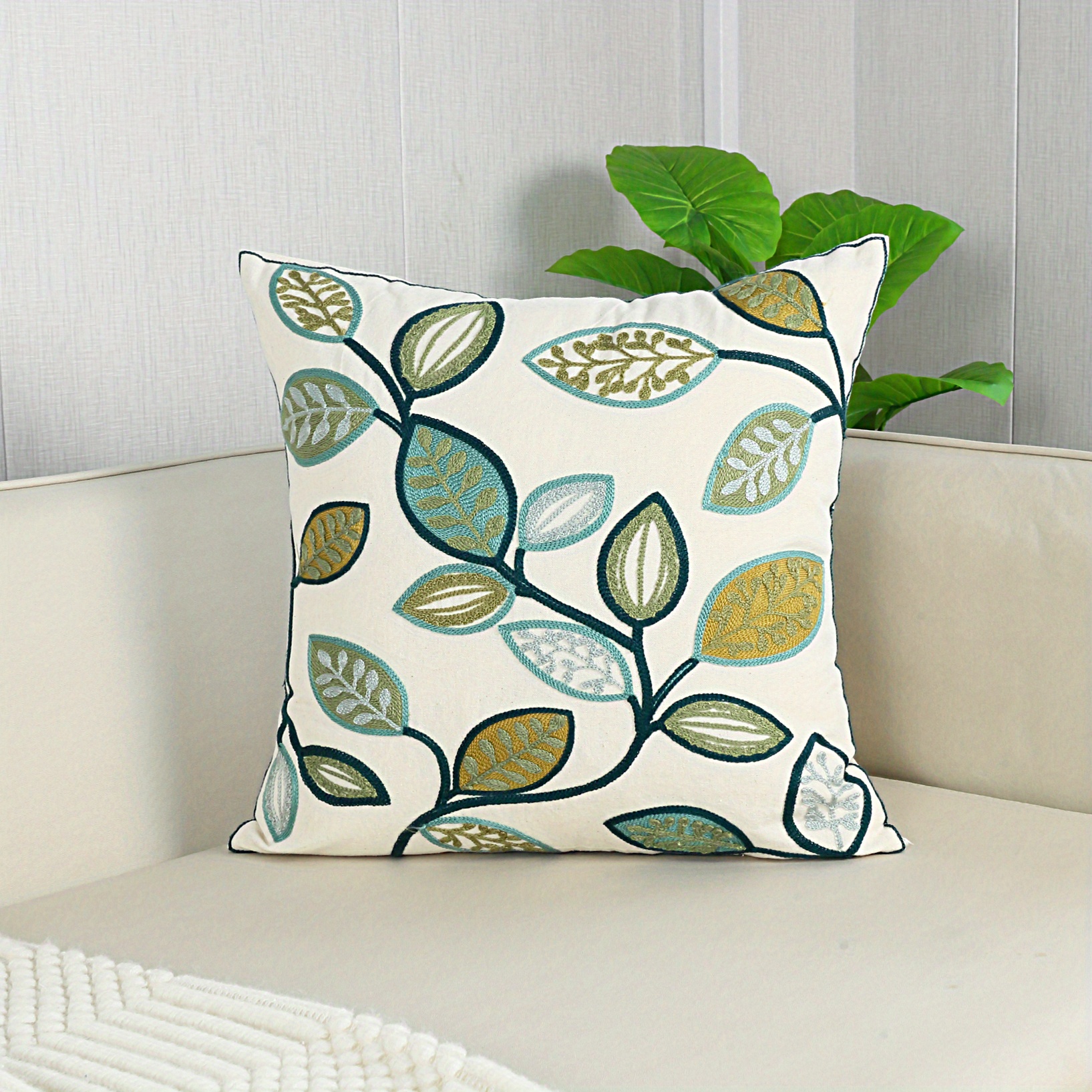 1pc Colorful Leaf Pattern Embroidered Cushion Cover Without Filler, Canvas Decorative Throw Pillow Cover For Home Dec