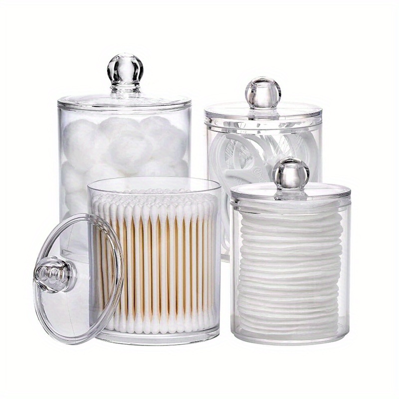 Image of 4 Pack Holder, 12 Oz, 10 Oz Restroom Bathroom Organizers And Storage Containers, Clear Plastic Apothecary Jars With Lids For Cotton Ball, Cotton Swab, Cotton Round Pads, Floss