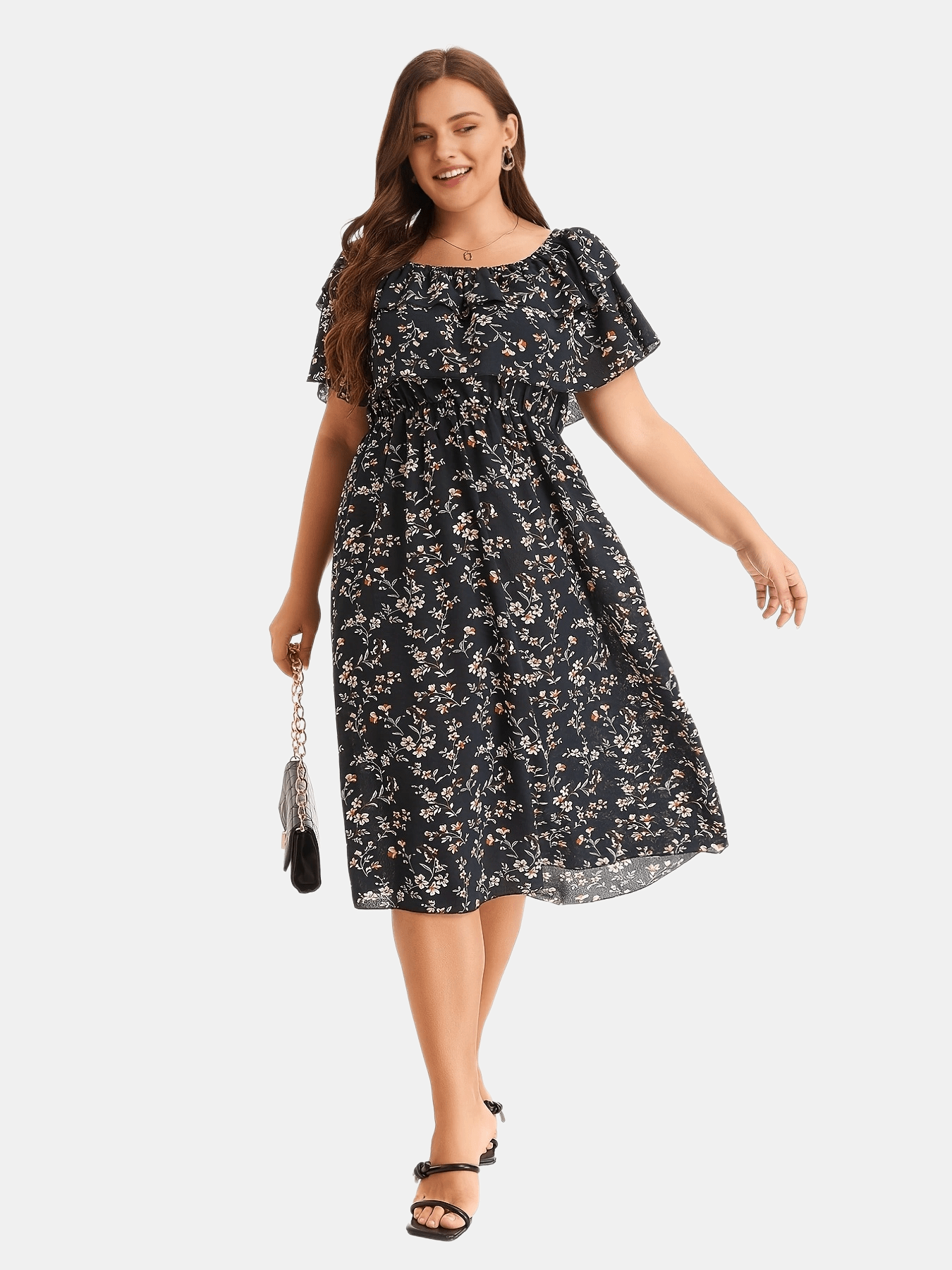 Plus Size Boho Dress, Women's Plus Border Floral Print Off Shoulder Ruffle  Trim Maxi Summer Dress