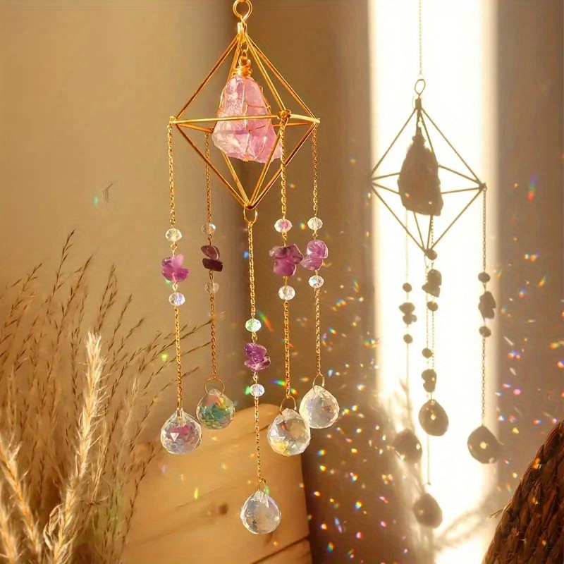 Image of 1pc Elegant Metal Sun With Natural Stones, Crystal Prism Pendant For Wedding Decor, Indoor Window Room Garden Yard Ornament