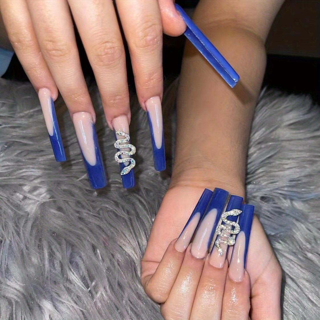 Blue Heart Fake Nails with 3D Bows Ballerina Full DIY Artificial False Nails
