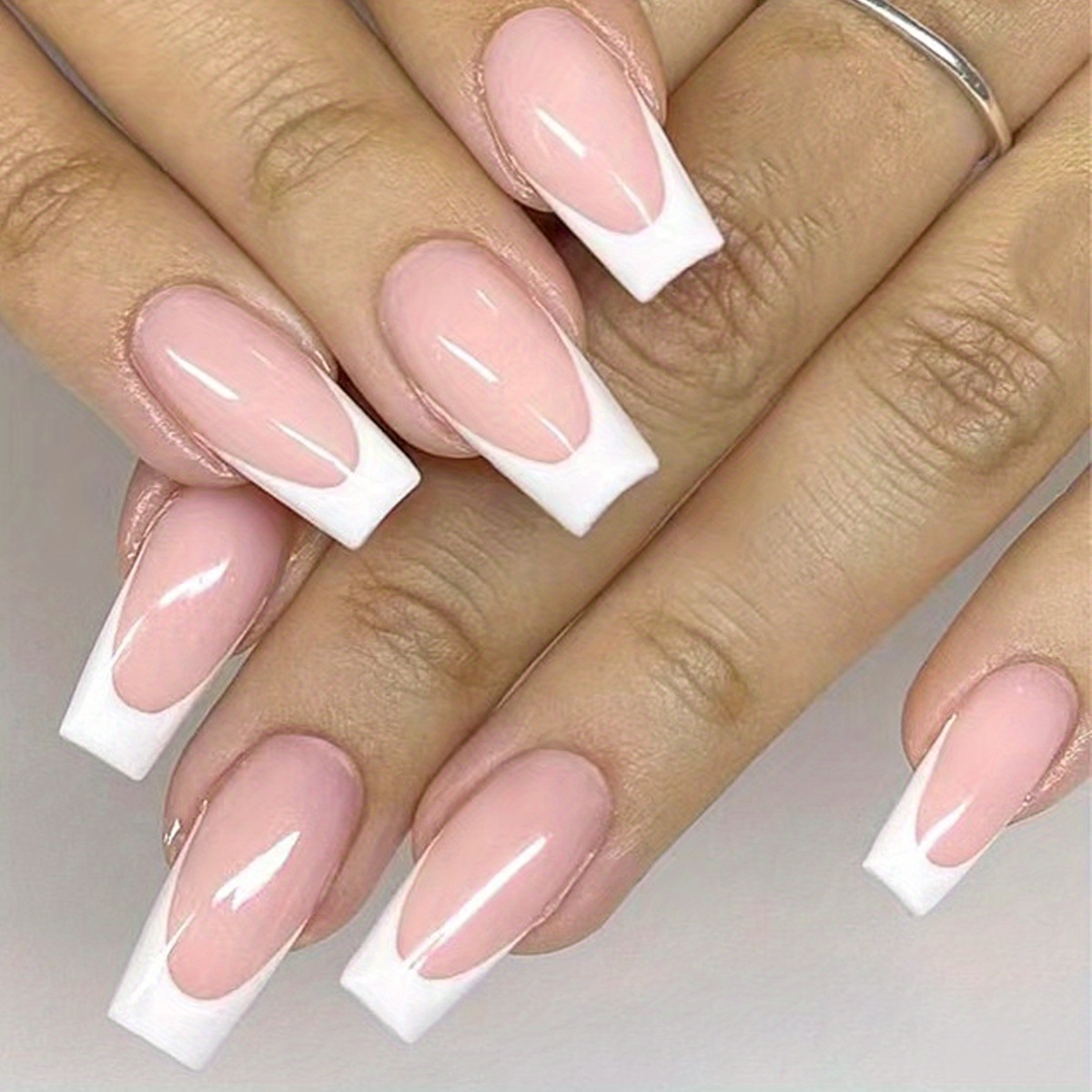 TEMU 24pcs Of Square White- Nail Designs With Jelly Glue And 1 Nail File