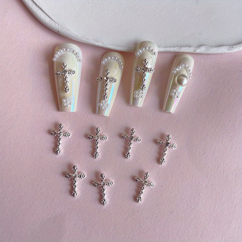 Elegant 3D Cross Nail Charms with Pearl Gems and Diamond Rhinestones -  Perfect for DIY Nail Art and Jewelry Making