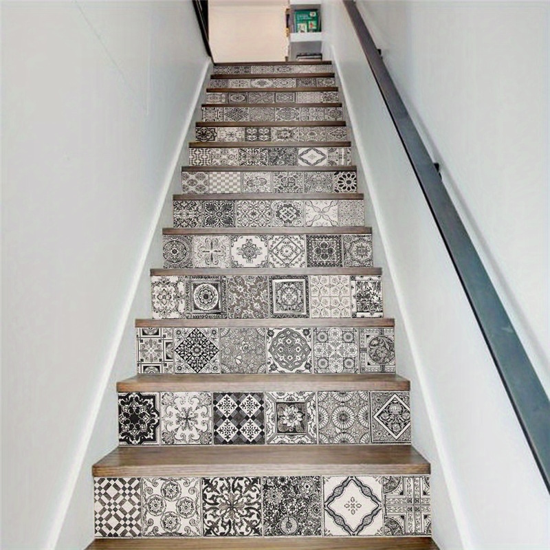 Retro Black And White Tile Style Peel And Stick Stair Riser - Temu