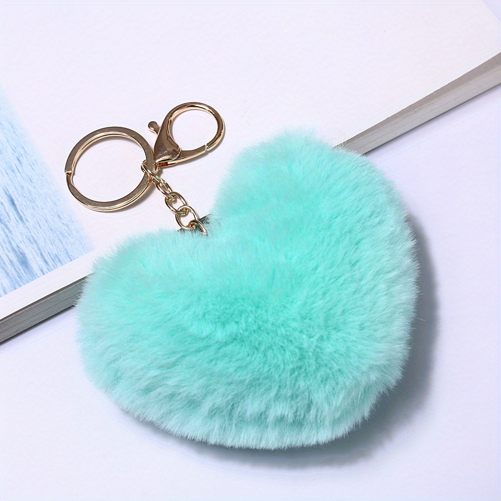 Cute Heart Pompom Keychain Charms Pearl Tassel Fluffy Flush Faux Rabbit Fur Key  Chains for Women