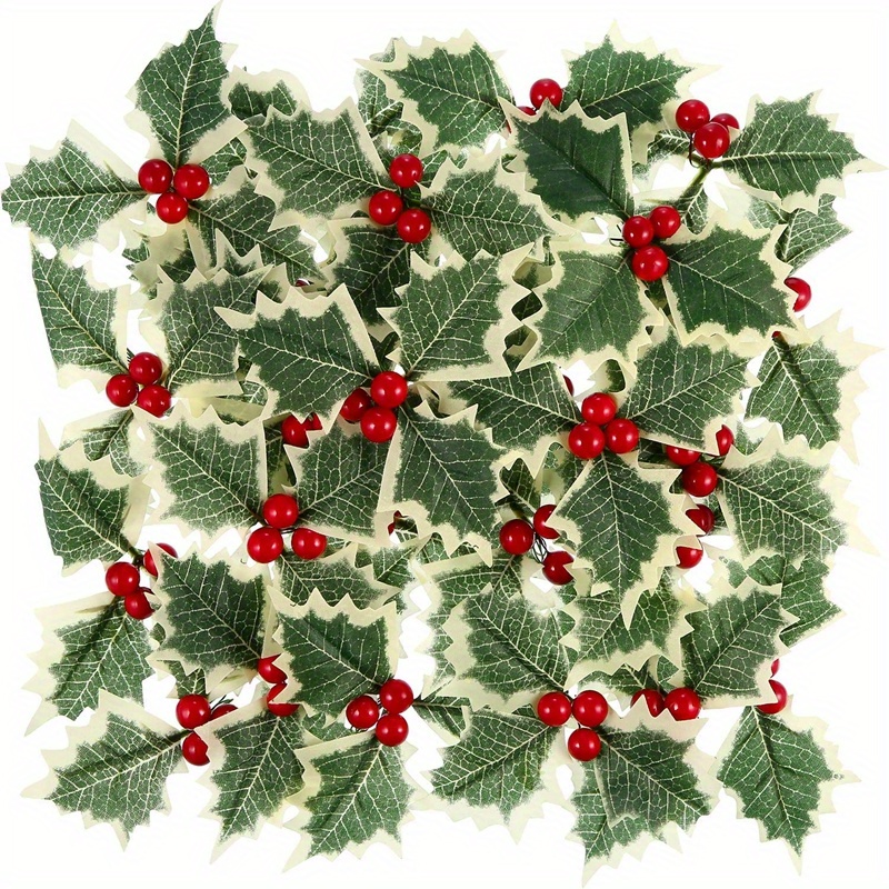 Christmas Artificial Holly Berry Green Leaves Ornaments Gold Red