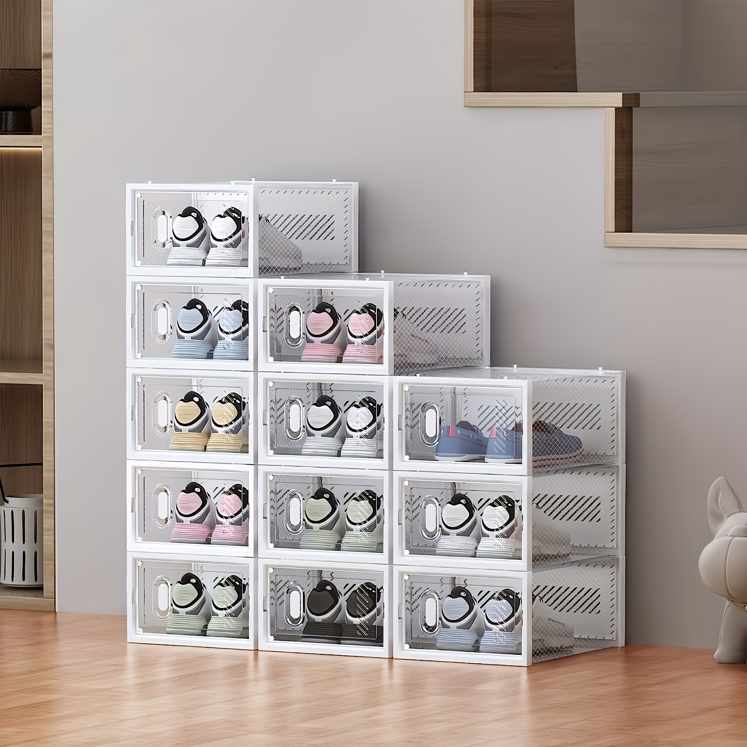  20 cajas de almacenamiento de zapatos, caja de zapatos de  plástico transparente apilable, organizador de zapatos, caja de exhibición  plegable, estante de armario, organizador de zapatos, necesidad de montar  (agujeros redondos