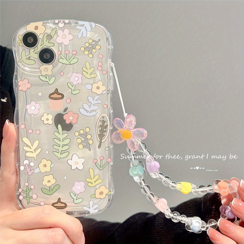 Ins New Popular Summer Floral Wristband Phone Case with Lanyard for iPhone  14