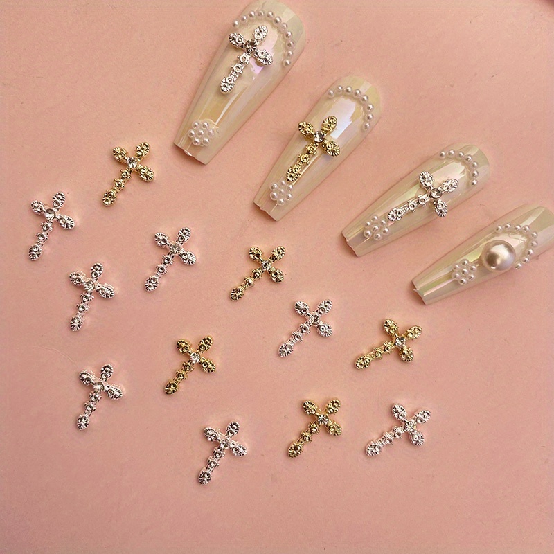 Elegant 3d Cross Nail Charms With Pearl Gems And Diamond - Temu