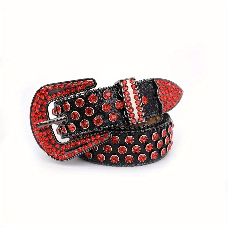 Unisex Black Leather Belt with Red Rhinestones