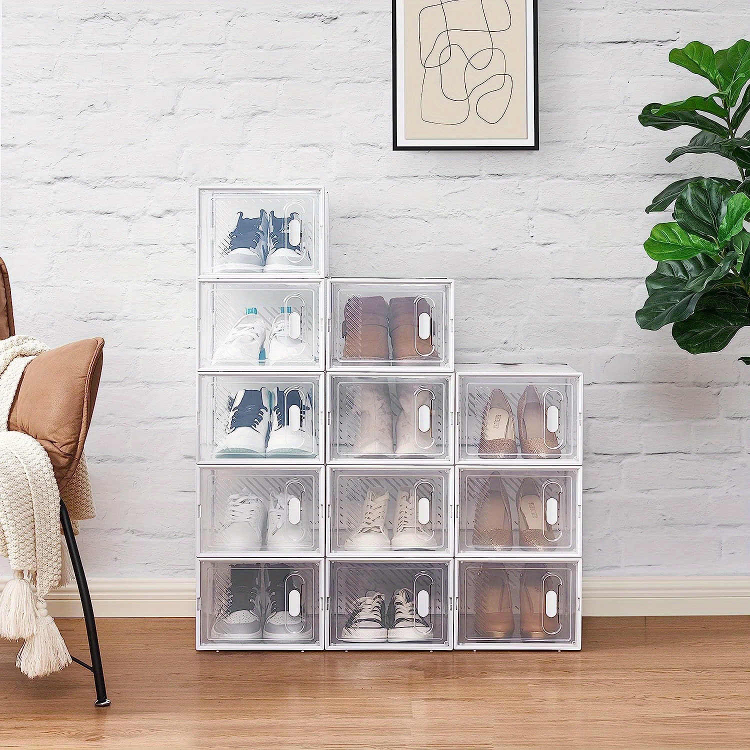 KPX Paquete de 12 organizadores apilables de almacenamiento de zapatos de  plástico con tapa, cajas de zapatos transparentes con caída frontal