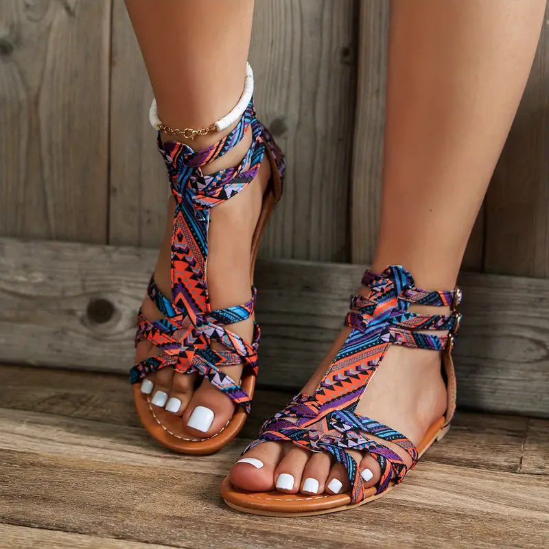 Women's Printed Flat Sandals, Fashion Open Toe Back Zipper Shoes, Casual  Summer Sandals