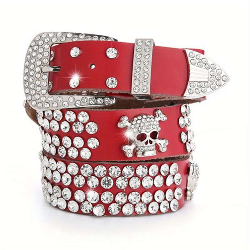 Unisex Rhinestone Bling Belt - Red and Silver - Skulls