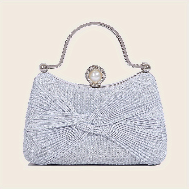 Glitter Ruched Evening Bag For Women, Faux Pearl Decor Clutch