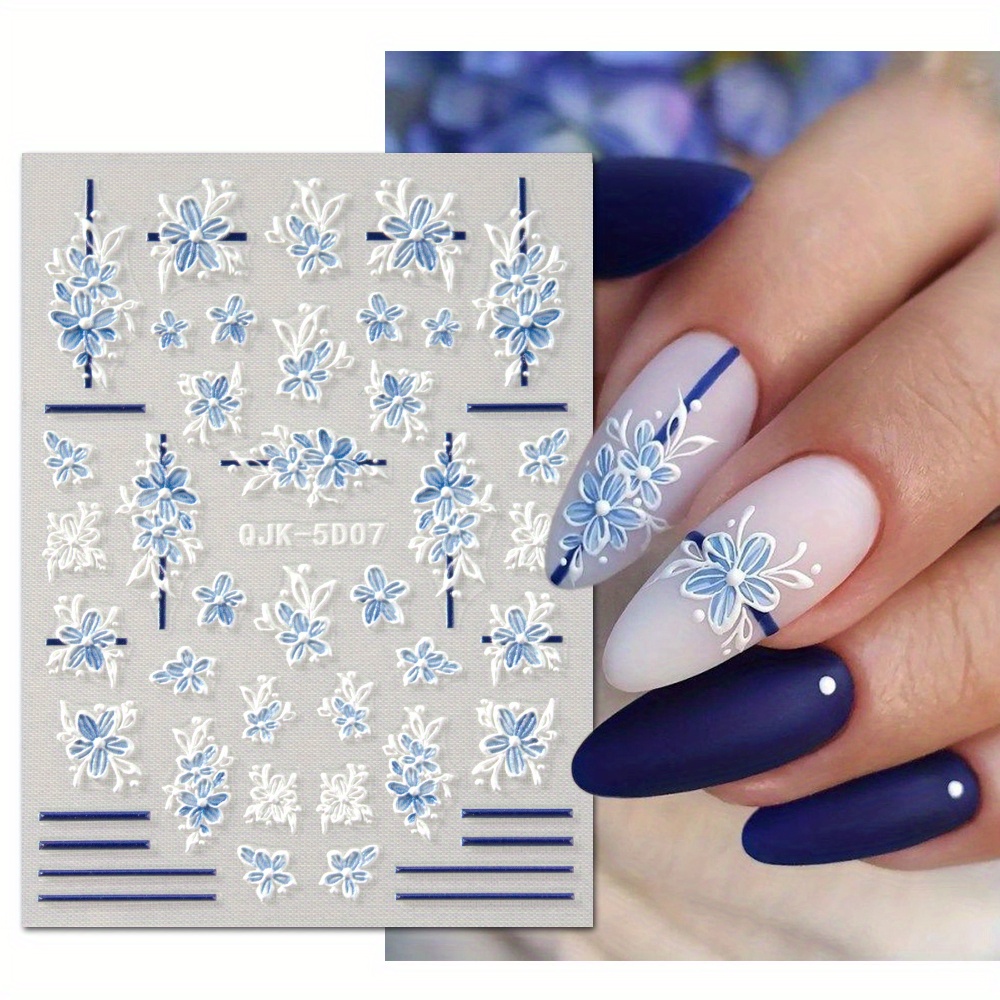 Summer Nail Decals Blue White Flowers Dandelion Camellia Temu