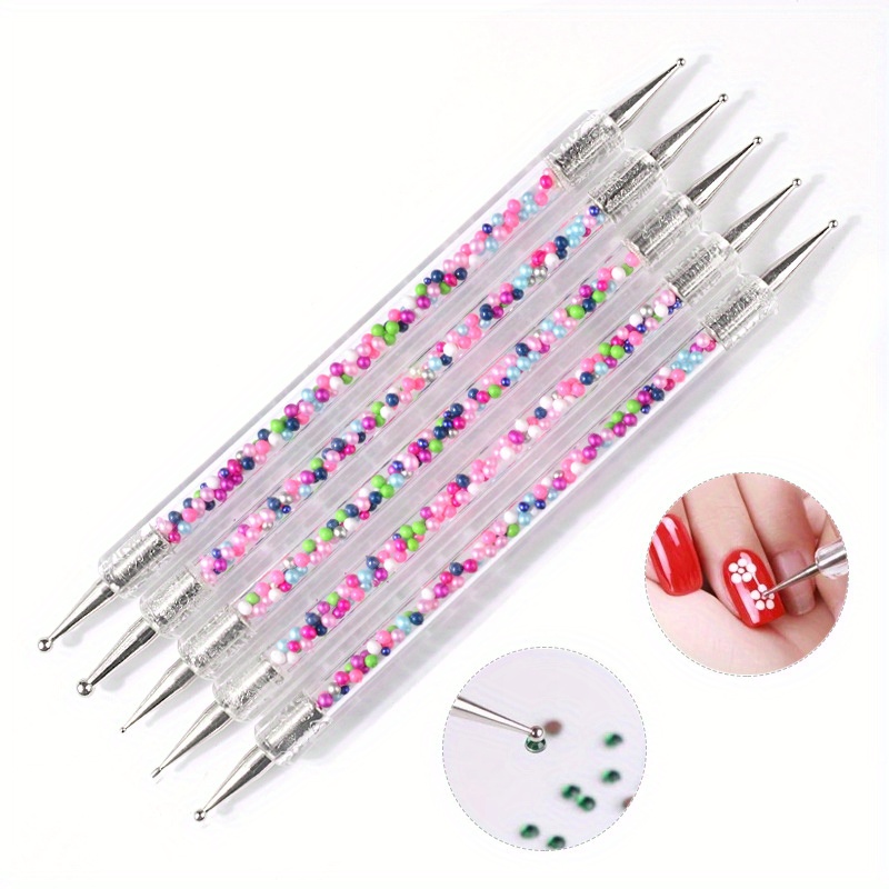TEMU 5pcs Caviar Bead Nail Art Dotting Pens - Dual-ended Metallic & Colorful Acrylic Embossing Tools For Uv Gel, For Home Or Professional , Nail Art Supplies