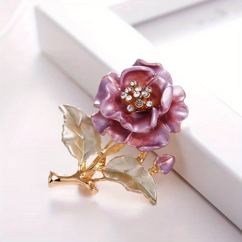Camellia Flower Brooch Pin Enamel Metal Gold Faux Pearl Dark Gray New