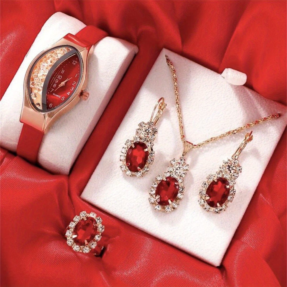 1pc casual oval pointer quartz watch pu leather analog party dress watch 4pcs jewelry set gift for mothers day valentines day red 10