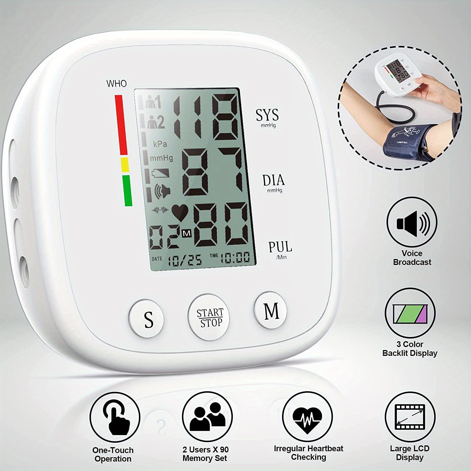 Arm Blood Pressure Monitors - Upper Blood Pressure Machine With Voice  Broadcasting/adjustable Cuff Digital Automatic Monitor, Memory Large  Display Screen For Home Use (without Battery) - Temu