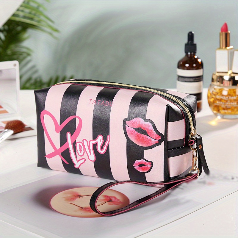 Large Capacity Heart Striped Pattern Makeup Bag Portable Lip Temu