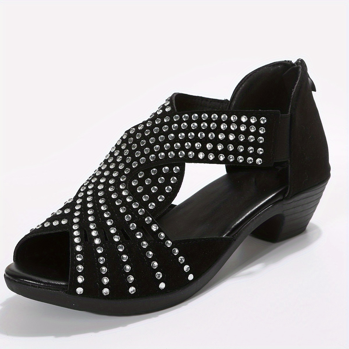 Rhinestone Cross Strap Sandals with Block Heel for Outdoor Activities