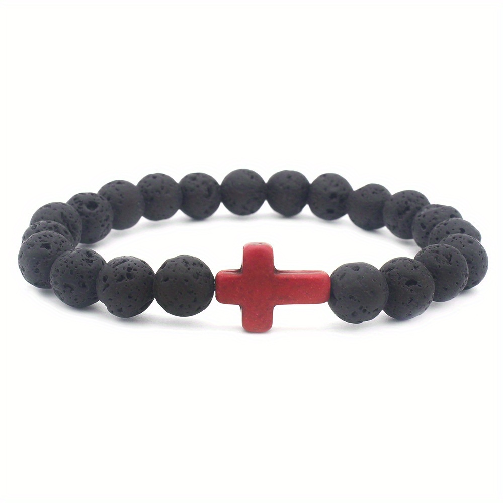 Gothic Luminous Cross Bracelet - Black Volcanic Stone Beaded Bracelet For Men