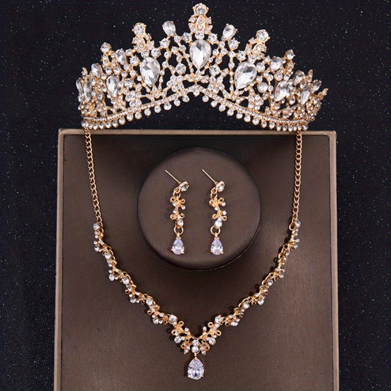 Cenmon Crown Bridal Sets for Women Necklace Tiara Earrings Jewelry Accessories Gold Set